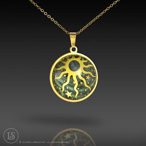 Celestial Sun Pendant, Glass, Gold-plated Stainless Steel